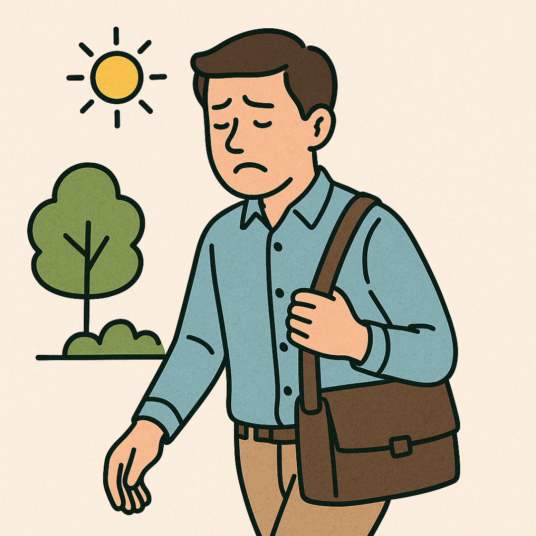 아침을 먹지 않고 외출해 피곤한 표정을 짓는 남성의 일러스트