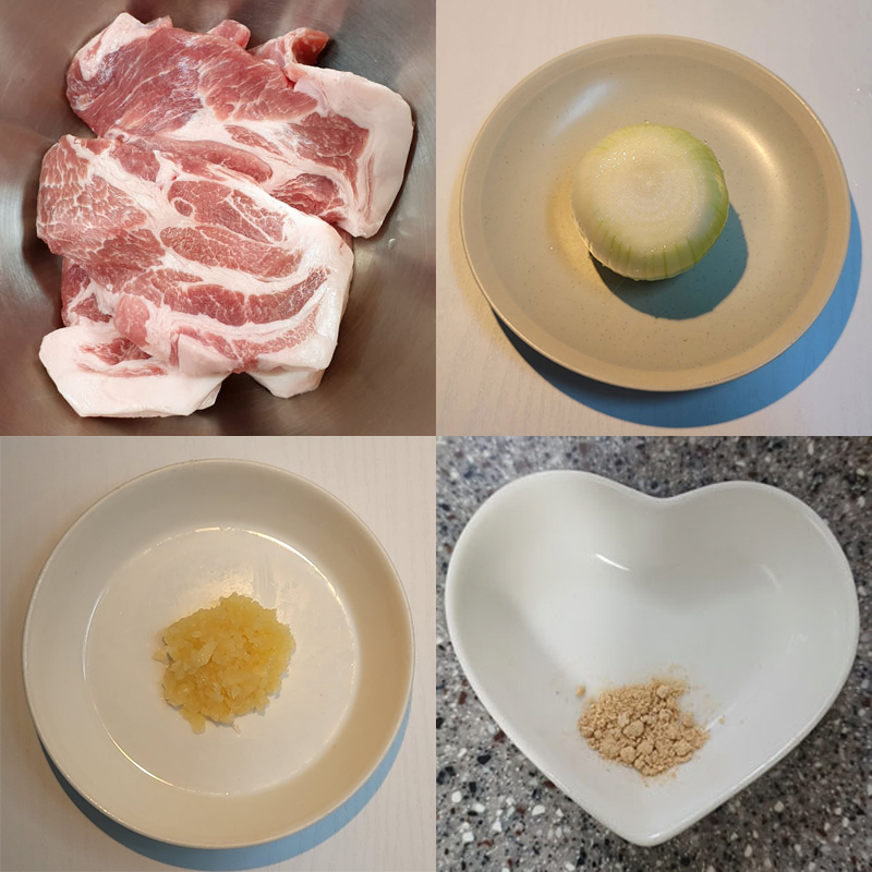 돼지목살 500g, 양파 1개, 마늘 1큰술, 생강가루 1 작은술