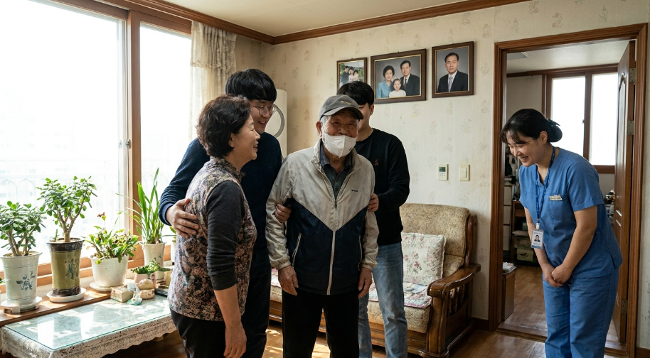 퇴원 후 집으로 돌아오는 어르신과 이를 밝게 맞이하는 가족 및 돌봄 인력의 모습