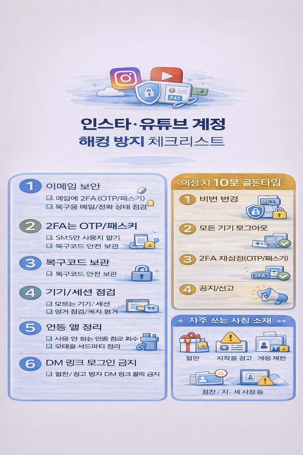인스타/유튜브 계정 해킹 방지 설정 체크리스트