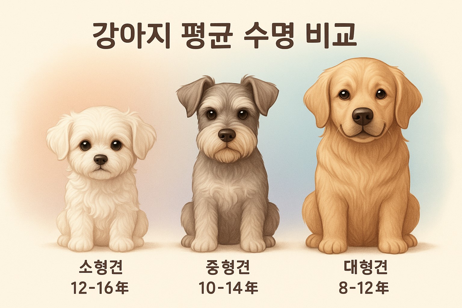 소형견·중형견·대형견 수명 비교

세 마리 강아지를 크기 차이로 배치