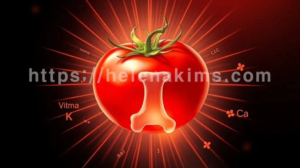 토마토는 뼈 건강에도 이로운 영양소를 고루 갖추고 있고, 
특히 비타민K와 칼슘은 뼈를 튼튼하게 하고 골밀도를 유지하는 데 중요한 것을 강조하는 이미지.