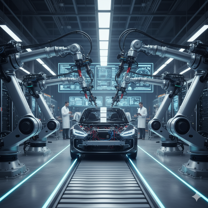 공장 자동화 라인에서 로봇이 제품을 조립하고 있는 모습