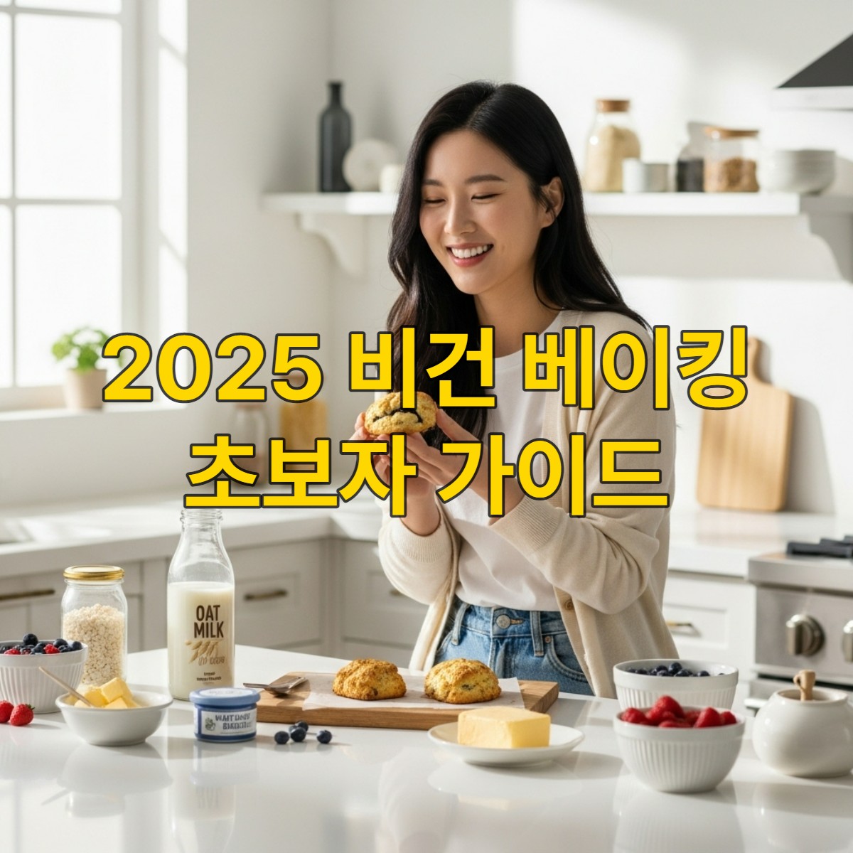 2025년 비건 베이킹 재료를 앞에 두고 환하게 웃는 한국인 여성.