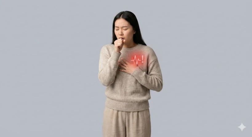 깔끔한 회색 배경에서 편안한 옷차림의 중년 여성이 가슴에 손을 얹고 기침을 하는 모습입니다. 가슴 부위에 붉은색의 은은한 경고등 그래픽이 겹쳐져 있어 단순한 기침이 아니라 폐 건강에 문제가 있음을 시각적으로 암시합니다. 전체적으로 차분하면서도 경각심을 주는 분위기입니다.