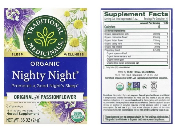 Traditional Medicinals&#44; 유기농 Nighty Night&#44; 시계꽃이 함유된 오리지널&#44; 카페인 무함유&#44; 포장 티백 16개입&#44; 24g(0.85oz)