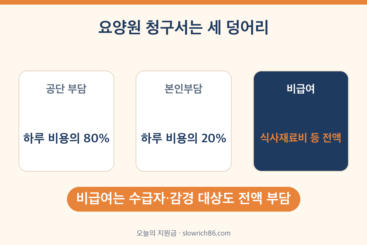 요양원 비용 구성 공단부담 본인부담 비급여 식사재료비 상급침실 이미용비