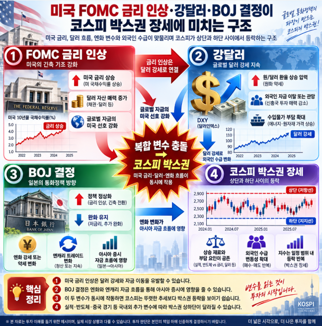 미국 FOMC 금리 인상과 강달러, BOJ 결정이 맞물려 코스피 박스권 장세에 영향을 미치는 구조를 표현한 일러스트