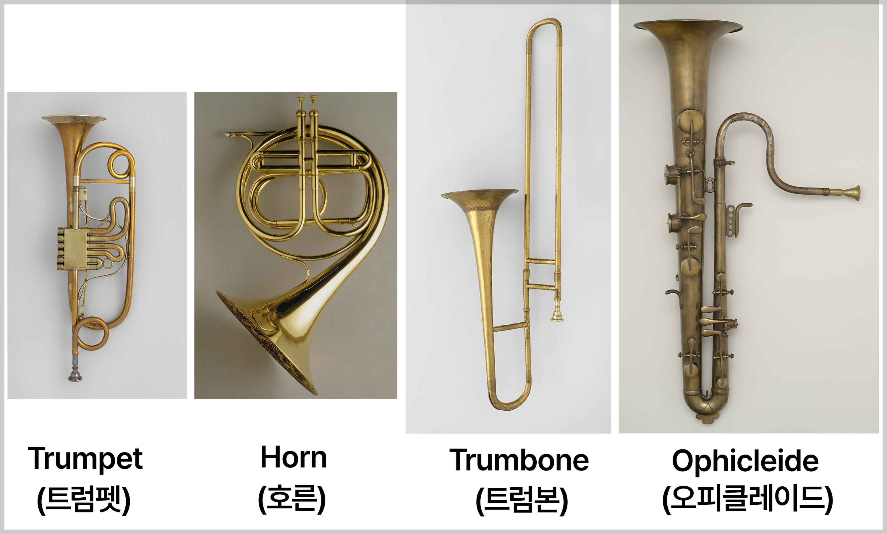 전기낭만주의 시대 금관악기군 - 밸브 트럼펫(Trumpet), 밸브 호른(Horn), 트럼본(Trumbone), 오피클레이드(Ophicleide)