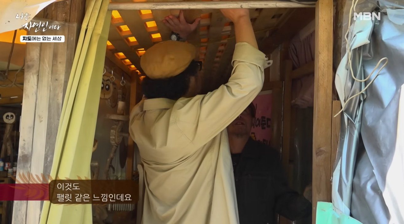 버려진 운반용 파레트 벽체와 얇은 하우스 파이프를 재활용해 천장을 탄탄하게 마감한 실내 모습
