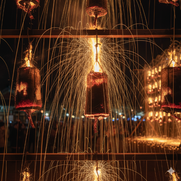 영평사 낙화축제 근접 사진, 낙화봉이 타들어가는 모습과 숯 가루가 떨어지는 모습