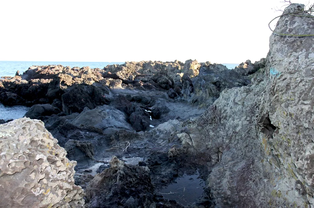 제주 올레길 5코스 해안 구간에 나타나는 거친 현무암 돌길.