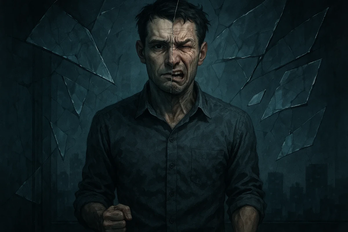 알코올 중독을 인정하기 어려운 심리 상태를 상징하는 인물 표현 (감정적 갈등과 내면의 저항을 시각화)