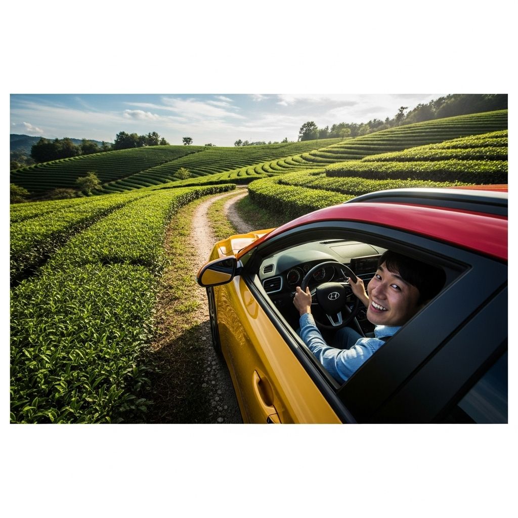 경차 유류비 환급&amp;#44; 녹차밭 옆길로 차를 몰고있는 남성