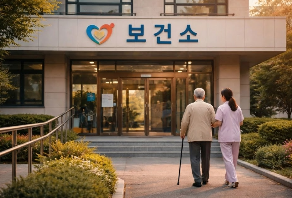 치매안심센터로 안내받는 노인과 보호자의 뒷모습, 검사 절차를 마친 후의 장면