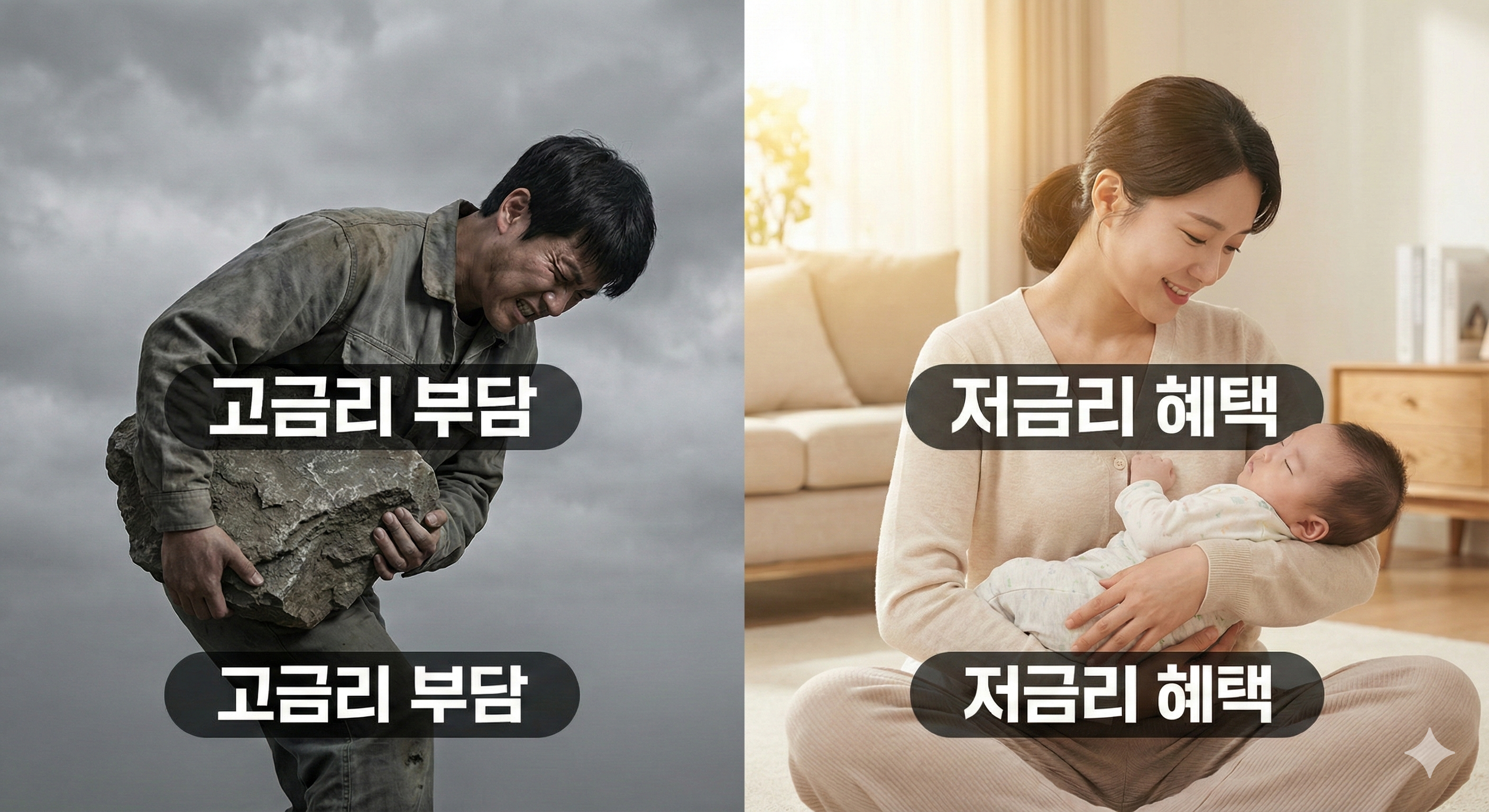 무거운 바위(고금리)에 짓눌린 사람과 아기를 안고 여유롭게 웃는(저금리) 사람의 대비