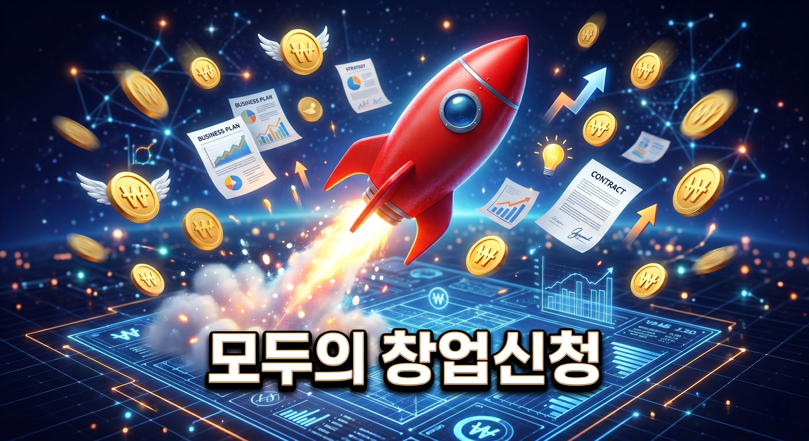 빛나는 디지털 설계도 위에서 붉은색 로켓이 솟아오르고 그 주위로 금화와 서류들이 떠다니는 3D 일러스트 배경에, 짙은 그림자와 외곽선으로 선명하게 강조된 '모두의 창업 신청'이라는 한글 문구가 중앙에 적힌 이미지