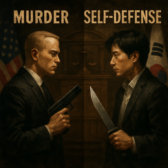 미국과 한국 형법 비교를 상징하는 썸네일 – 살인죄와 정당방위의 차이를 나타내는 법정 이미지, 성조기와 태극기, 무기와 방어의 대비