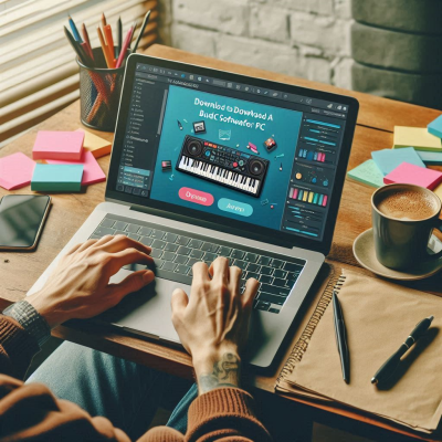 음악 소프트웨어를 사용하는 사람이 책상에 앉아 작업하는 모습