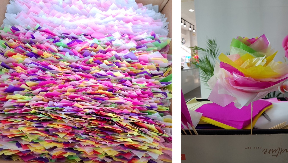 가지꽃
토속신앙에서 쓰이는 종이꽃
한양굿 에서 많이 쓰인다
여러색의 종이로 만들어진 꽃
360도 회전하여 앞뒤가 없는 꽃
 가지꽃이라한다