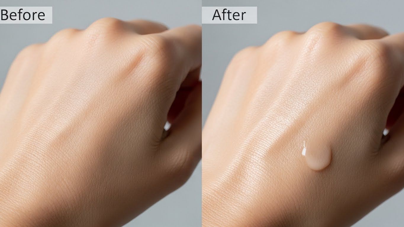 '하다라보 곡진 리프팅 로션'을 바르기 전과 후의 여성 건조한 손을 보여주는 클로즈업 스플릿 이미지.