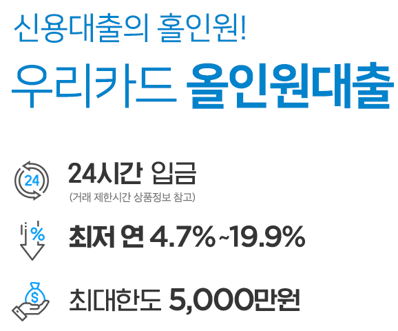 우리카드 올인원대출 24시간 소득 직업 무관 금리 한도 최대 5000만 원 대안상품1