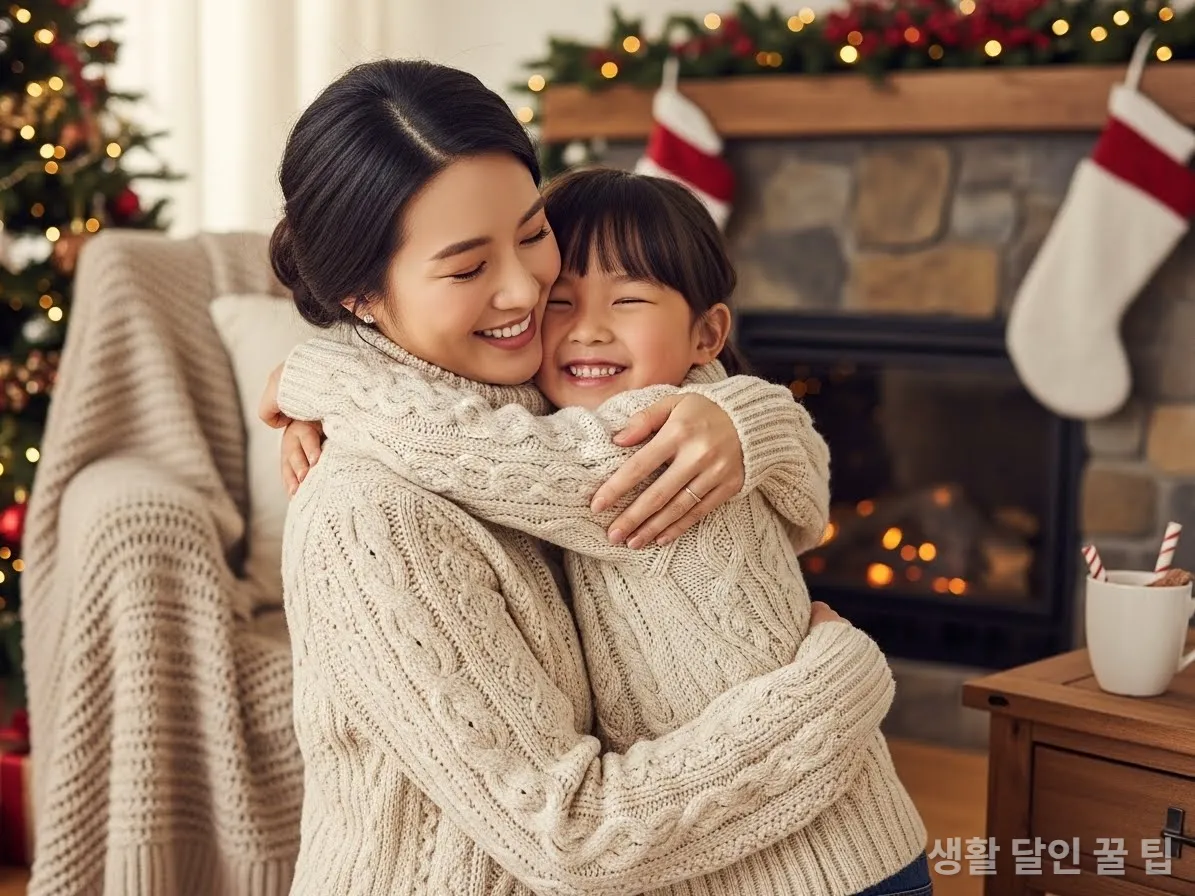 정전기 없는 부드러운 니트를 입고 포옹하는 한국인 엄마와 아이