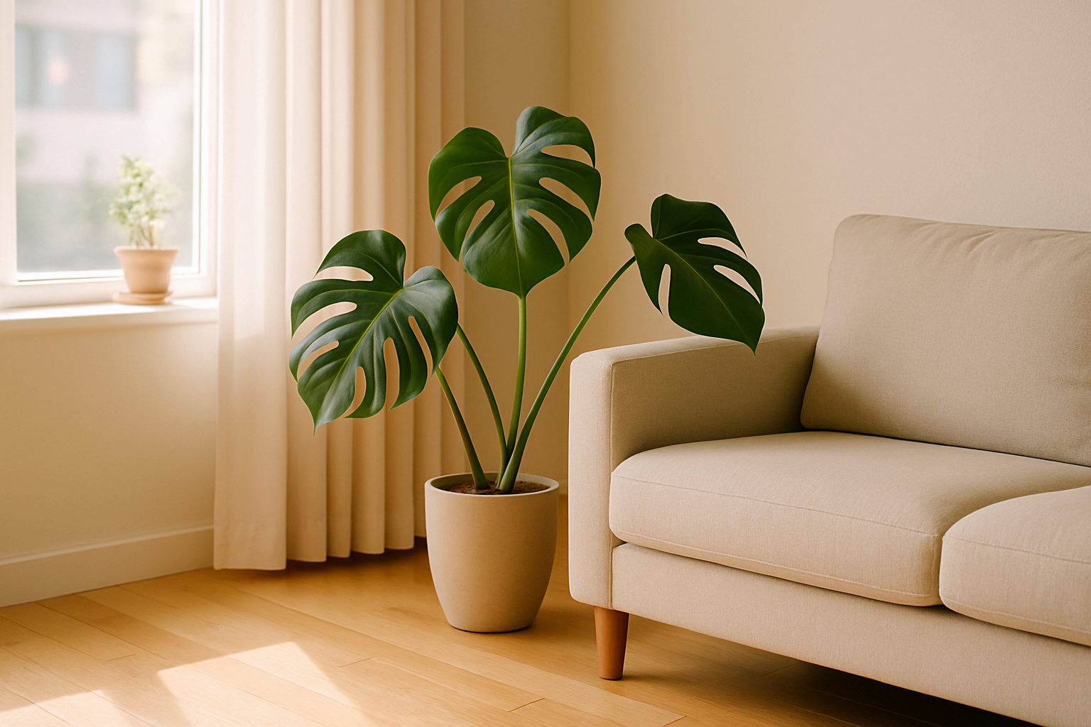 창가 옆 소파 옆에 둥근 잎 몬스테라 화분이 놓인 거실 인테리어