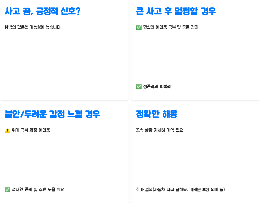차 사고 꿈 해몽, 길몽일까 흉몽일까? 당신의 운명은? - 사고를 당했는데 멀쩡한 꿈, 긍정적인 신호? 차 사고 꿈 해몽, 길몽일까 흉몽일까? 당신의 운명은? - 사고를 당했는데 멀쩡한 꿈, 긍정적인 신호?