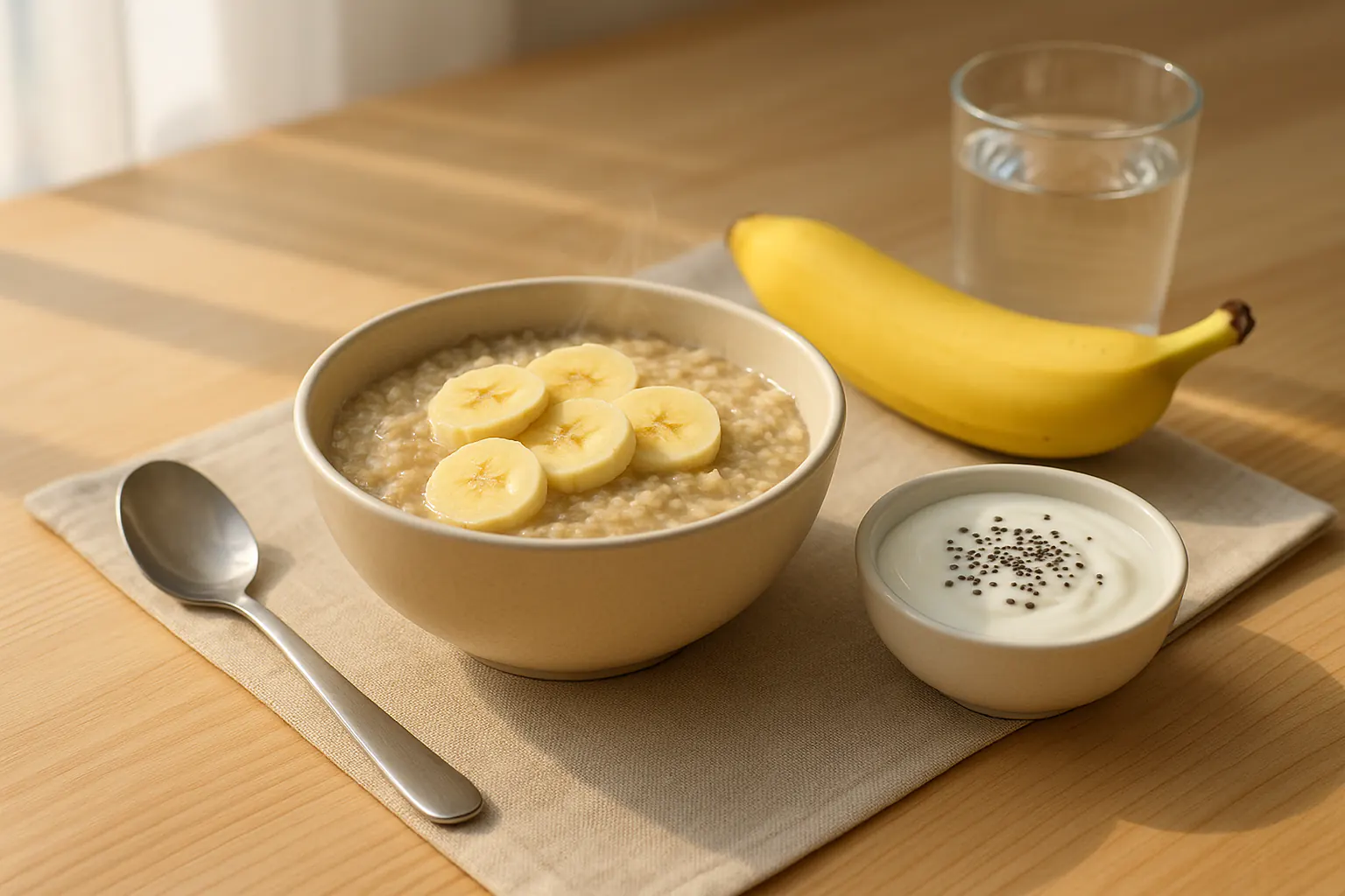 아침 식탁 위에 놓인 따뜻한 오트밀, 잘 익은 바나나, 플레인 요거트와 치아씨드, 밝고 건강한 아침 식사 분위기