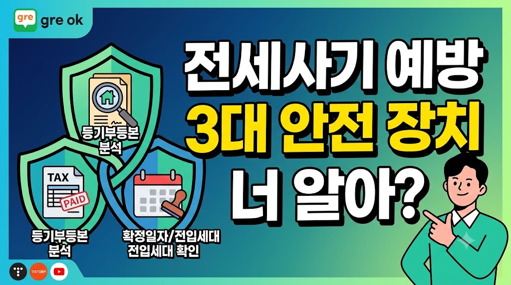 전세사기 예방을 위해 계약 전 반드시 확인해야 할 등기부등본 분석, 집주인 체납세금 확인, 확정일자 및 전입세대 열람의 3대 안전장치를 안내하는 썸네일 이미지