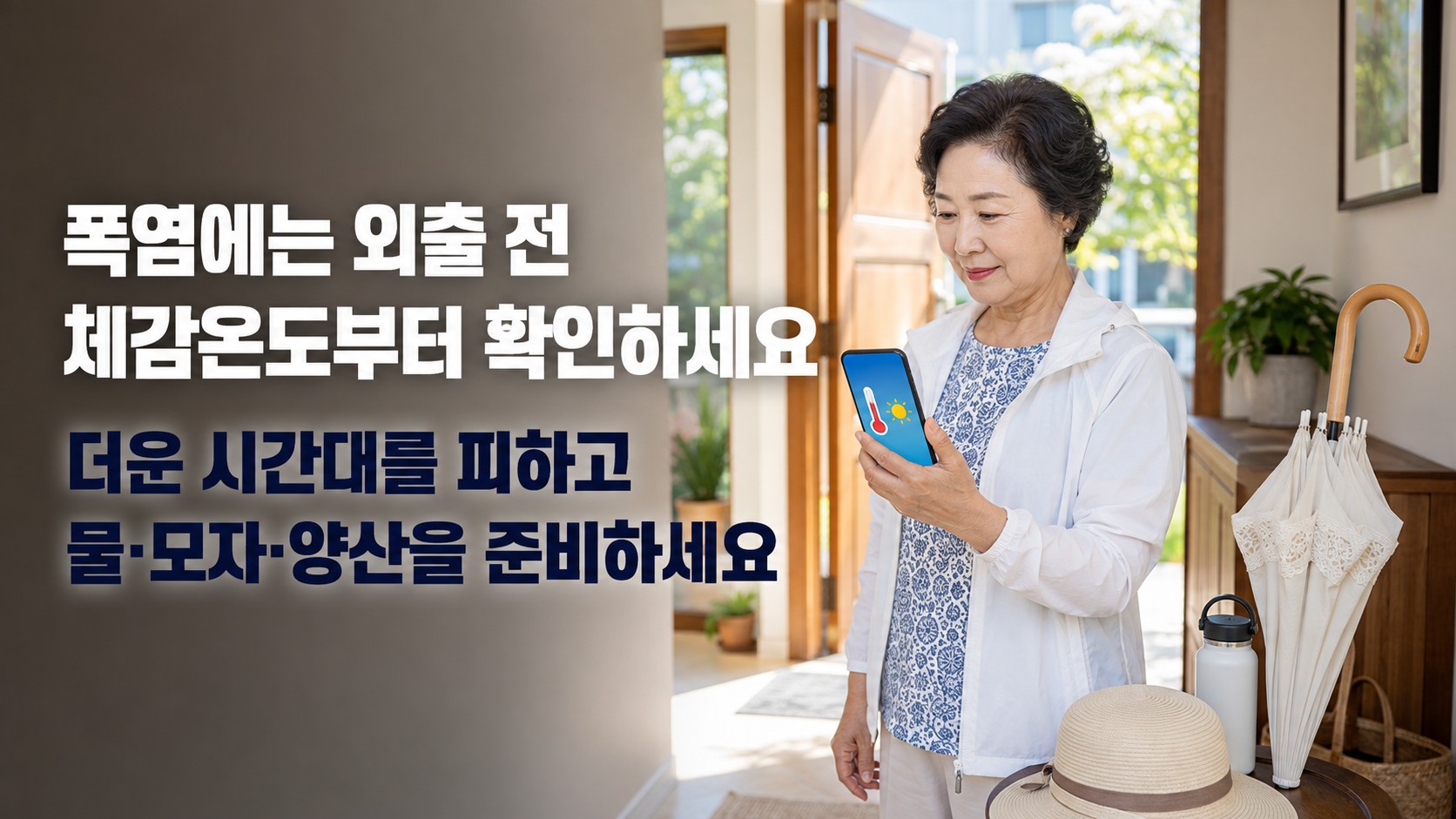 60대 한국인 여성이 여름철 외출 전에 스마트폰으로 폭염특보와 체감온도를 확인하는 모습