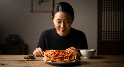 식탁 위에 있는 김치를 바라보고 있는 가정주부