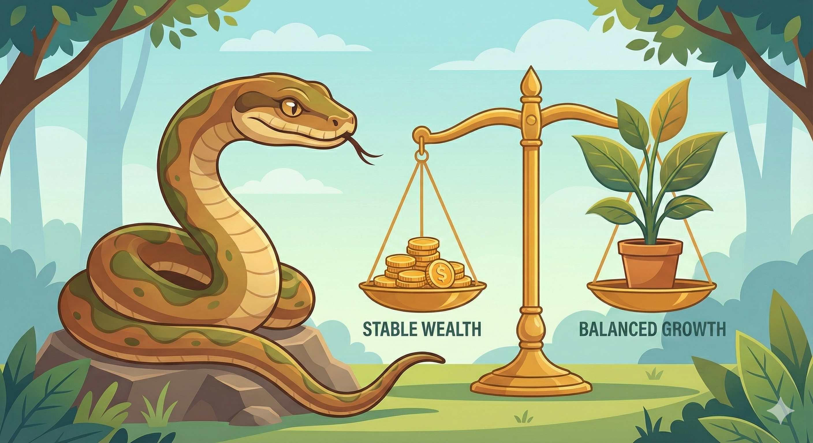 뱀이 안정적인 저울을 지켜보며 현명한 재물 관리와 신중한 투자를 상징하는 이미지