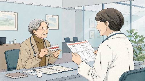 노인분이 틀니 치료 및 상담을 위해 상담 중인 이미지