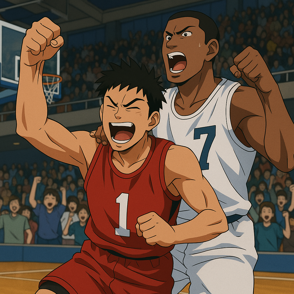 Anime-style illustration of two basketball players celebrating energetically on the court in front of a cheering crowd, showcasing dynamic expressions and motion