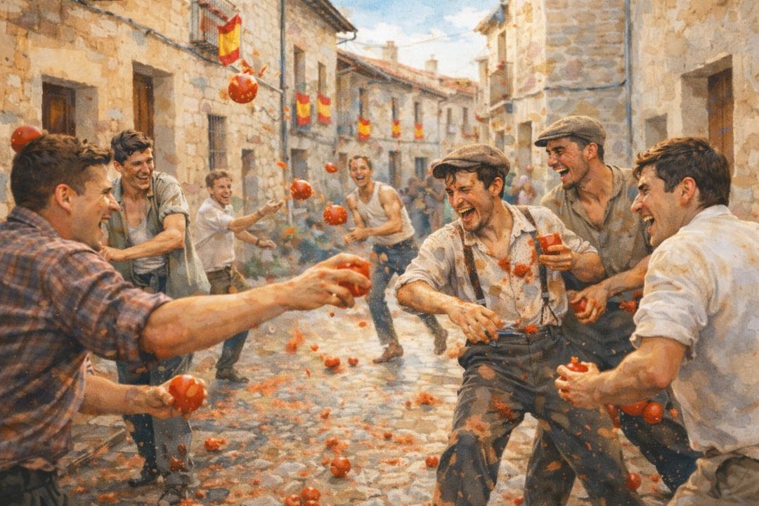 라 토마티나의 시작을 떠올리게 하는 수채화풍 토마토 소동 이미지
