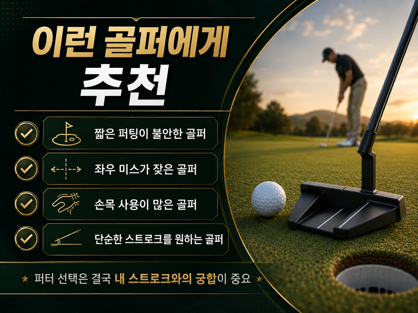 짧은 퍼팅과 좌우 미스가 잦은 골퍼에게 제로 토크 퍼터를 추천하는 이미지
