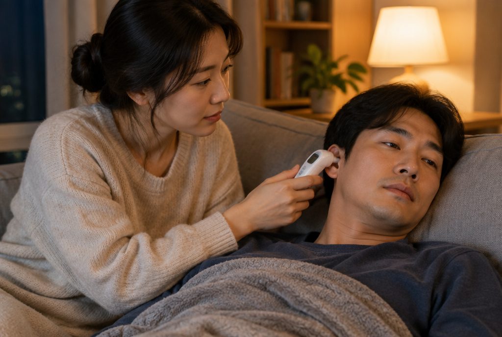 편마비 환자의 열을 재는 가족