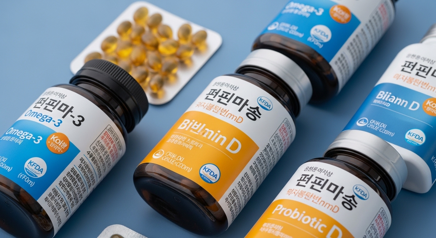 식약처 인증 마크와 함께 나열된 시니어 건강기능식품(오메가-3, 비타민D, 프로바이오틱스) 제품들.