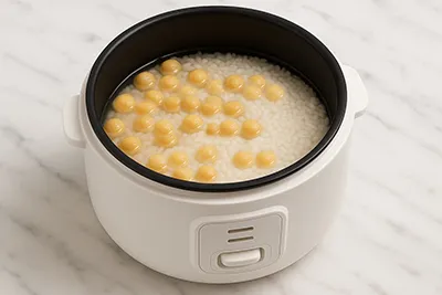 밥솥에 쌀과 병아리콩 넣은 모습