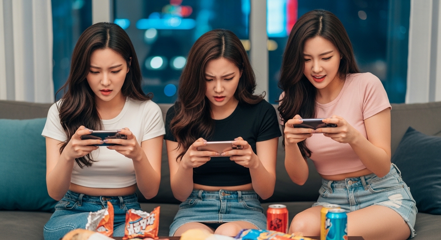 모바일 게임을 하는 여자들