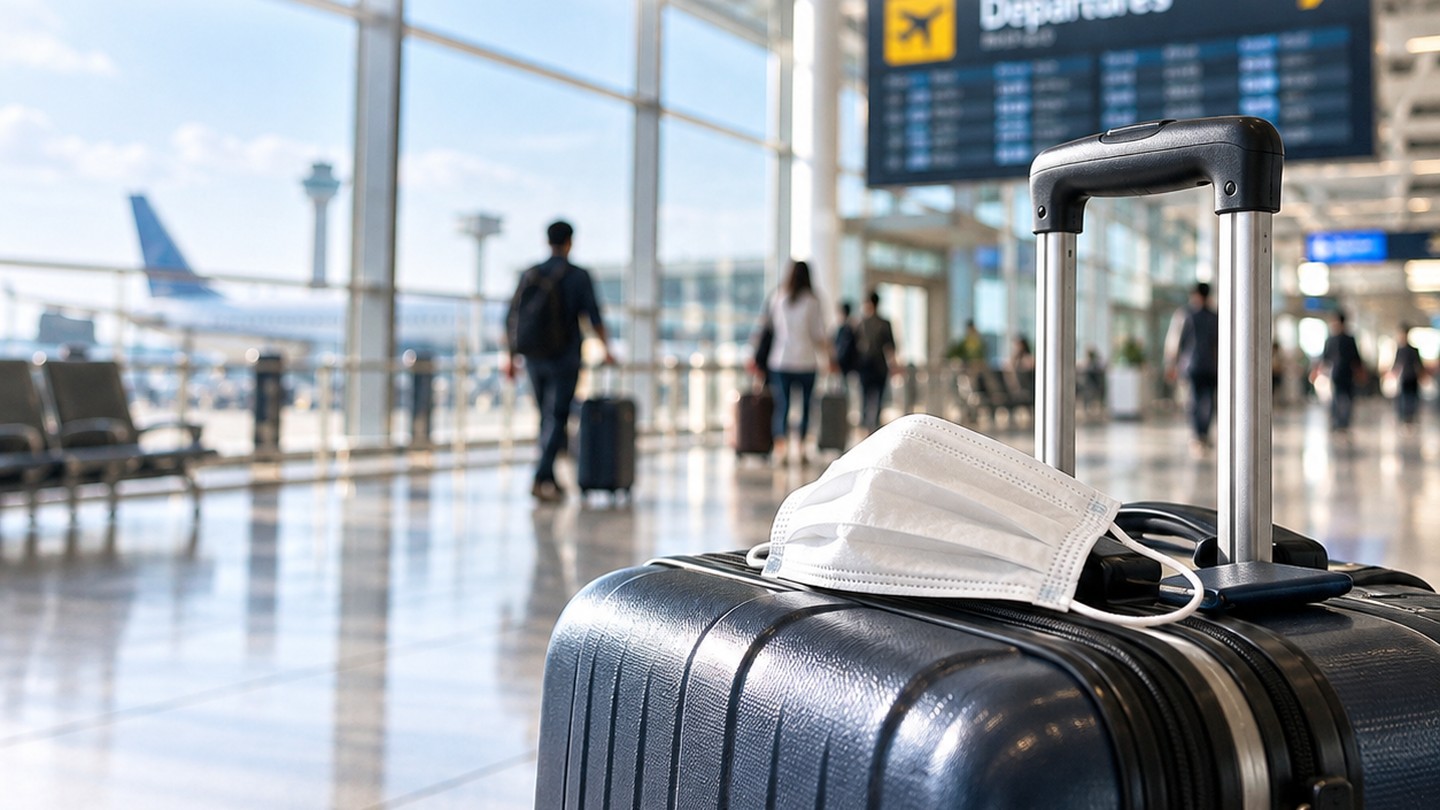 공항 출국장 여행가방 위에 흰색 마스크가 놓인 모습