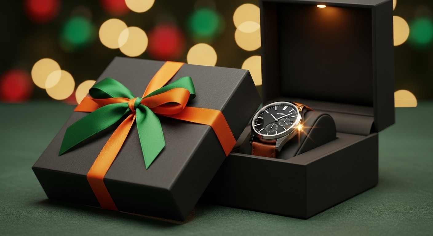크리스마스 리본으로 장식된 고급스러운 시계 상자가 열려 있고, 그 안에 정교한 남성 명품 손목시계가 보이는 모습. 주변에는 따뜻한 크리스마스 장식 조명이 흐릿하게 빛나고 있습니다.