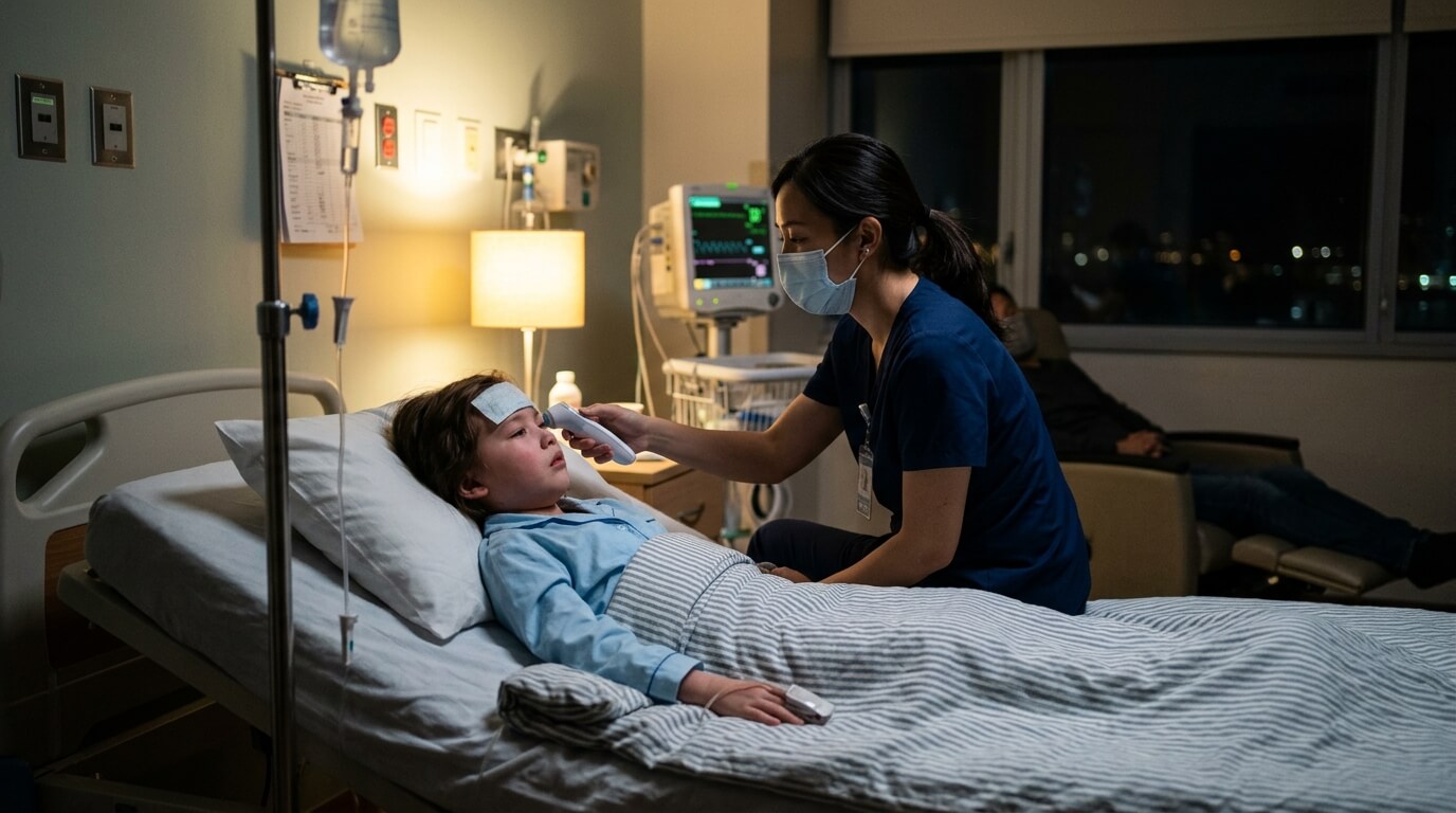 야간과 휴일에도 안심하고 방문할 수 있는 달빛어린이병원에 아이를 데려가는 아빠