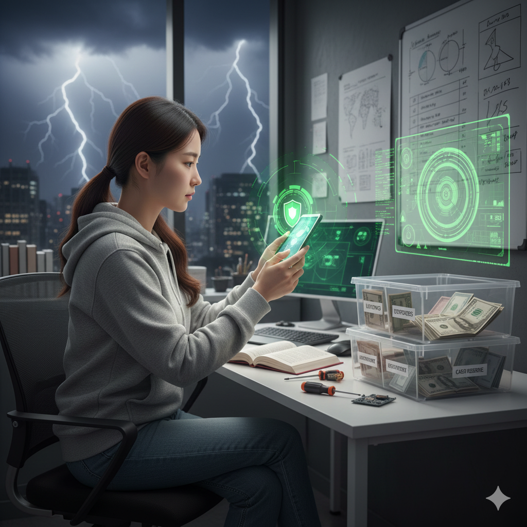 밤에 책상에 앉아있는 한국인 여성이 후드티를 입고 진지하게 어떤 물건을 살피고 있어요. 그녀는 밝게 빛나는 녹색 방패 모양의 문양이 새겨진 작은 금속 상자를 양손으로 들고 있으며, 그 앞에는 'LIVING EXPENSES', 'HEDGE/SECURITY', 'CAPITAL'이라고 표시된 투명한 칸막이 상자 안에 여러 지폐들이 분류되어 담겨 있어요. 책상 위에는 공구와 메모, 계산기 등이 놓여 있고, 뒤쪽 창문 밖으로는 천둥 번개가 치는 도시의 야경이 보여요. 이는 평범한 직장인이 스스로 자신의 금융 안전을 설계하고 비상금을 관리하는 모습을 상징해요.