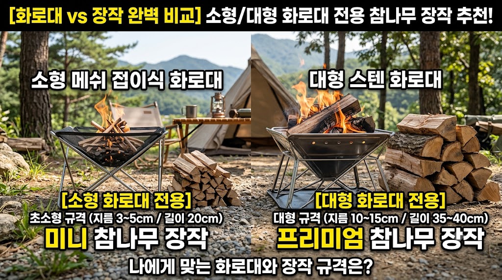 소형 메쉬 접이식 화로대와 대형 스텐 화로대 옆에 규격별로 분할된 참나무 장작을 비교 배치한 모습