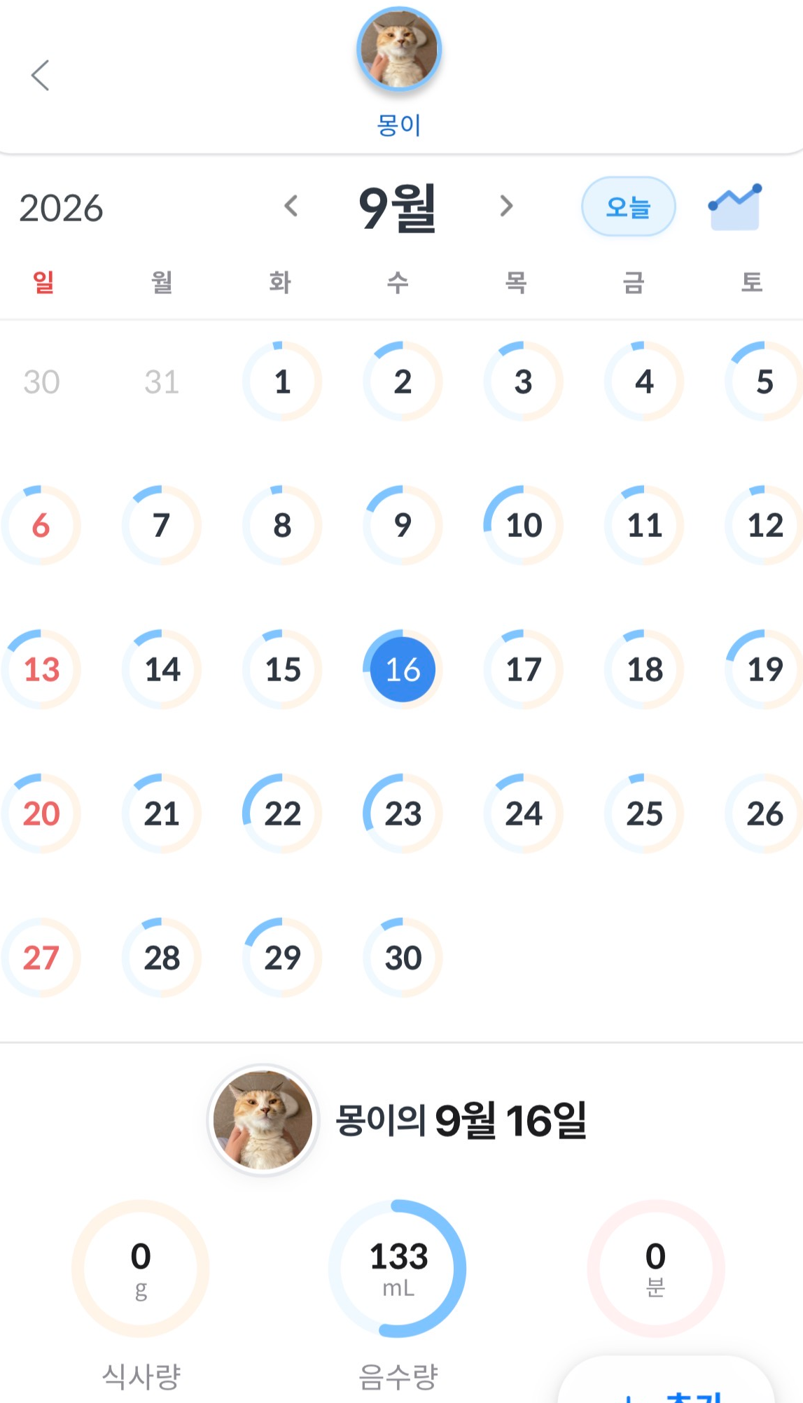 바램펫 앱의 2026년 9월 음수량 관리 달력과 9월 16일 음수량 133mL 기록