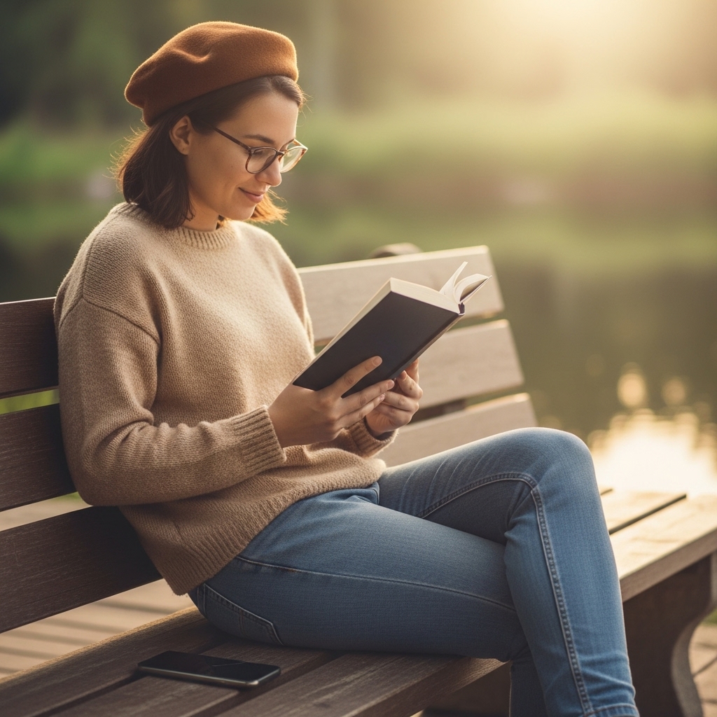 평화로운 자연 속에서 책을 읽으며 미소 짓는 사람, 옆에는 꺼진 스마트폰이 놓여 있어 디지털 디톡스 후의 평온함과 활력을 상징합니다.