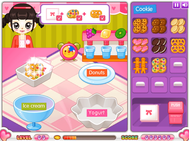 쥬디의-달콤-디저트-플래시게임-플레이2-손님이-주문한-쿠키를-접시에-담는-화면
